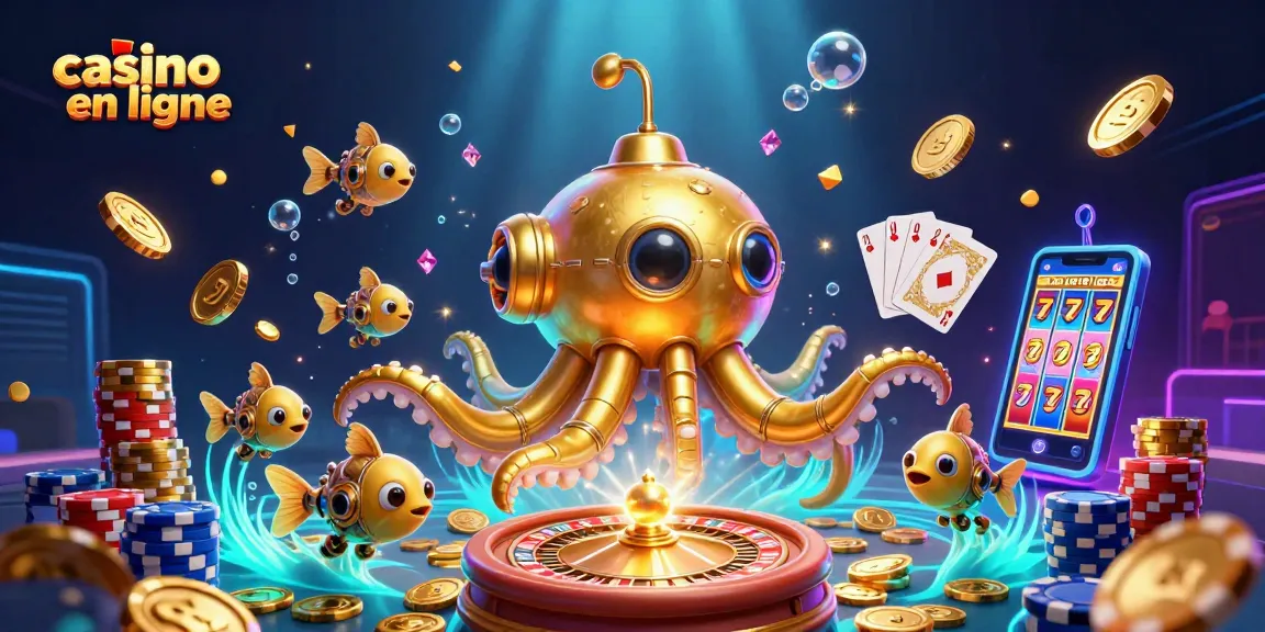 Admirez notre illustration de casino en ligne avec un kraken en sous-marin et des pièces d'or.