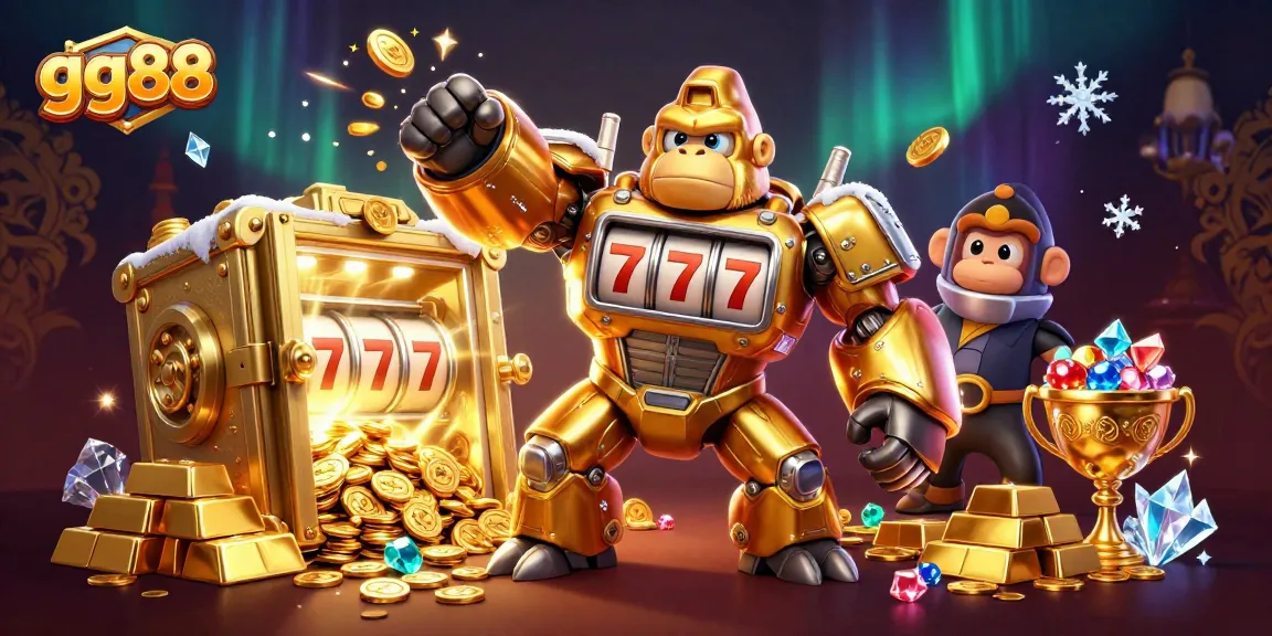 Experience vibrant gaming at gg88 with a golden gorilla mech amidst treasures.