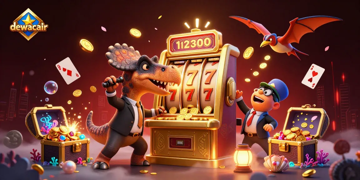 Dewacair showcases an energetic 3D scene with a dinosaur winning jackpots and coins flying around.