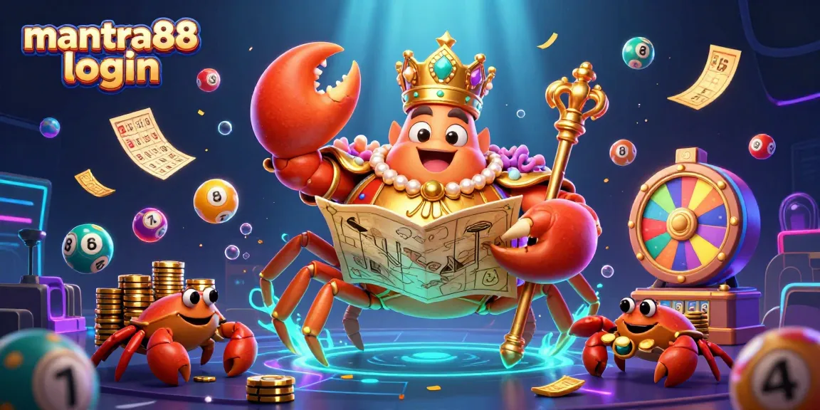 Engage with mantra88 login for thrilling lottery action featuring vibrant elements and a golden crab emperor.
