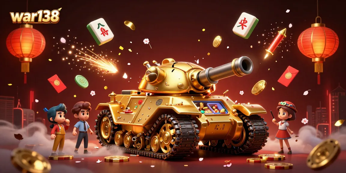Experience the vibrant gaming world of war138 with a golden beetle tank casino illustration filled with festive elements.