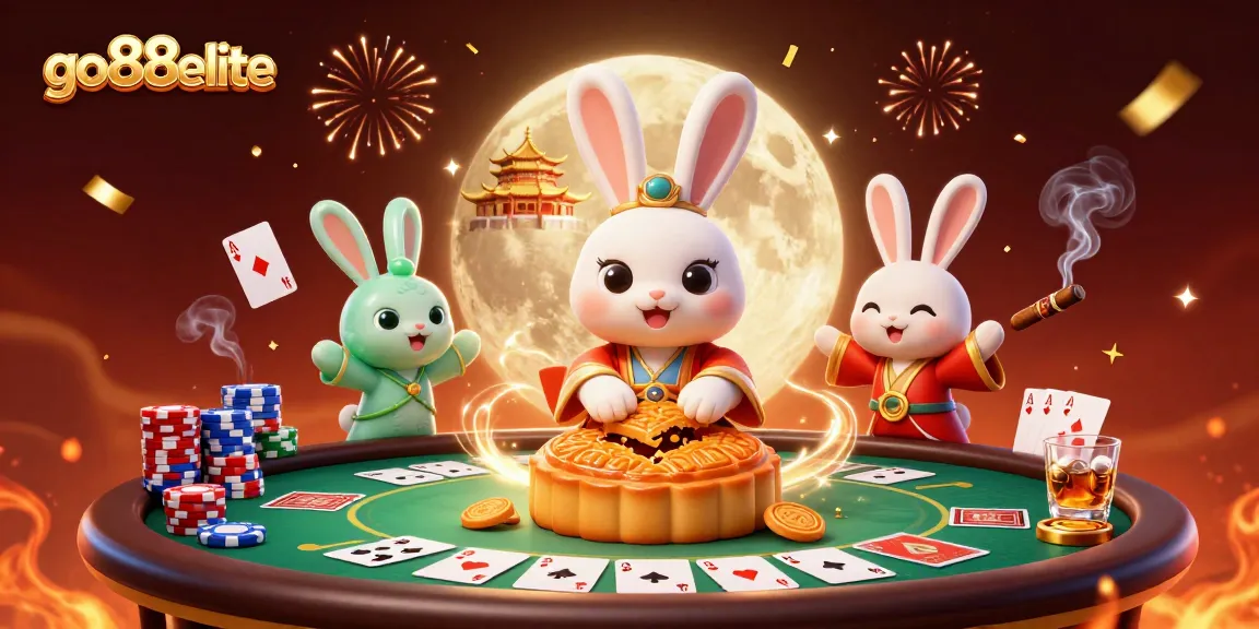 Engage with go88elite and win big in a vibrant online casino scene featuring a moon rabbit and poker elements.