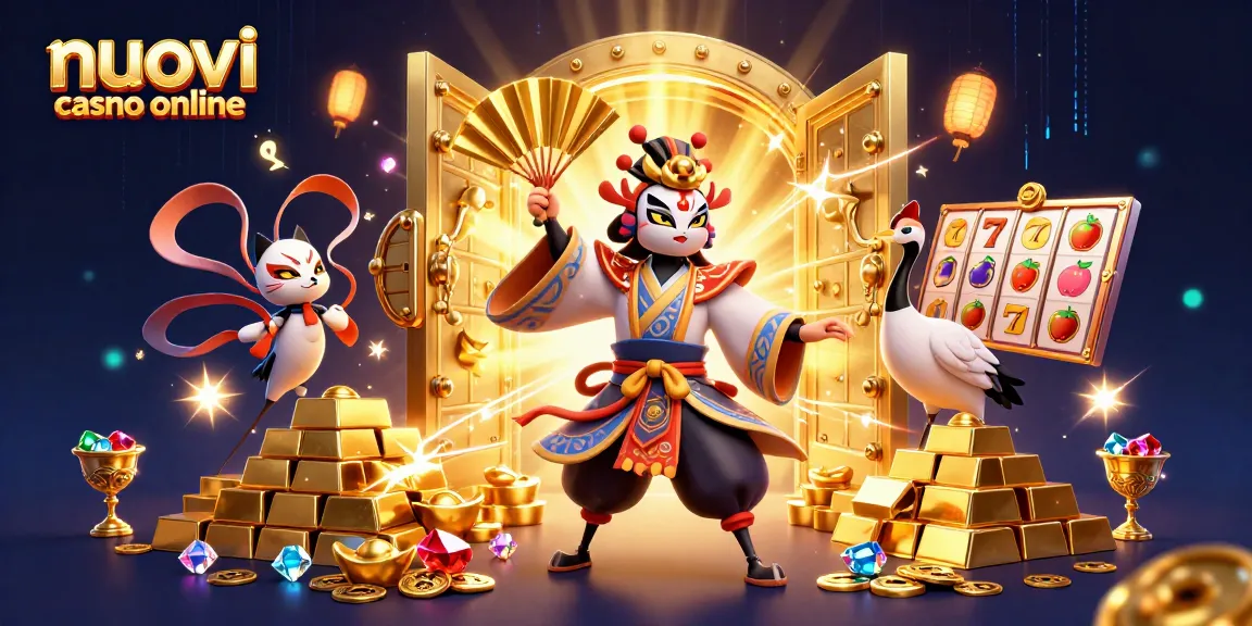 Scopri nuovi casino online con l'illustrazione 3D di una guerriera kabuki e simboli delle slot.