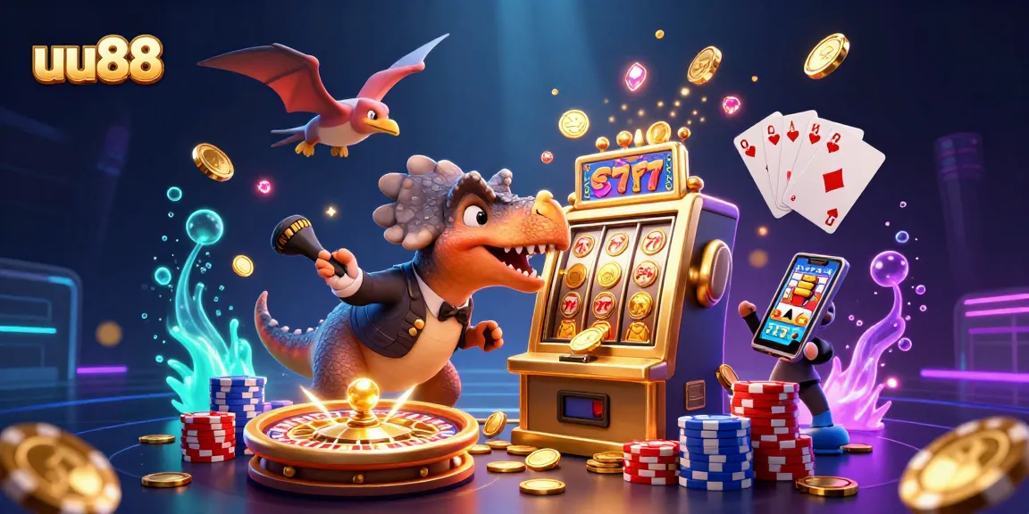Experience thrilling wins at uu88 casino with dinosaur characters in a dynamic slot machine scene