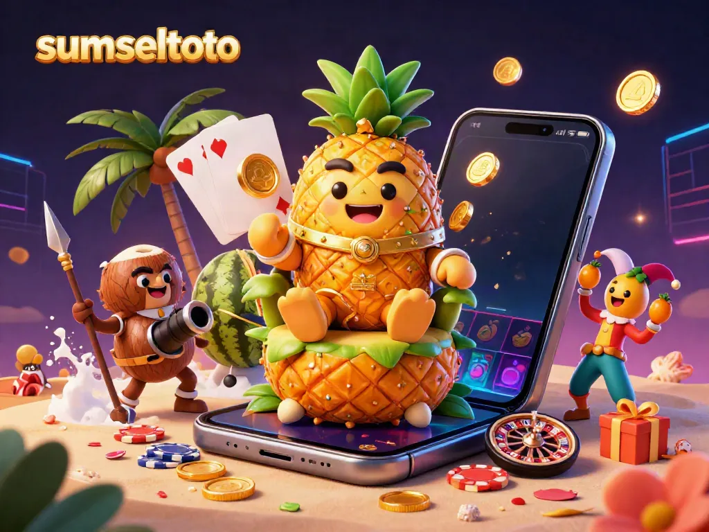 Experience the excitement of sumseltoto with a vibrant 3D casino scene featuring a pineapple king, VIP elements, and golden coins.