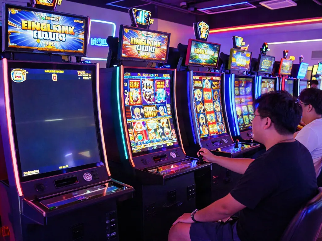 Players enjoying slot gacor games with vibrant lights and interactive screens
