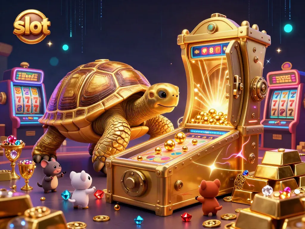 Spin the slot reels with excitement in this vibrant casino scene featuring a golden tortoise.