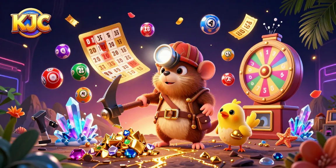 Engage in fun with KJC's dynamic lottery scene featuring treasure hunter and exciting game elements.