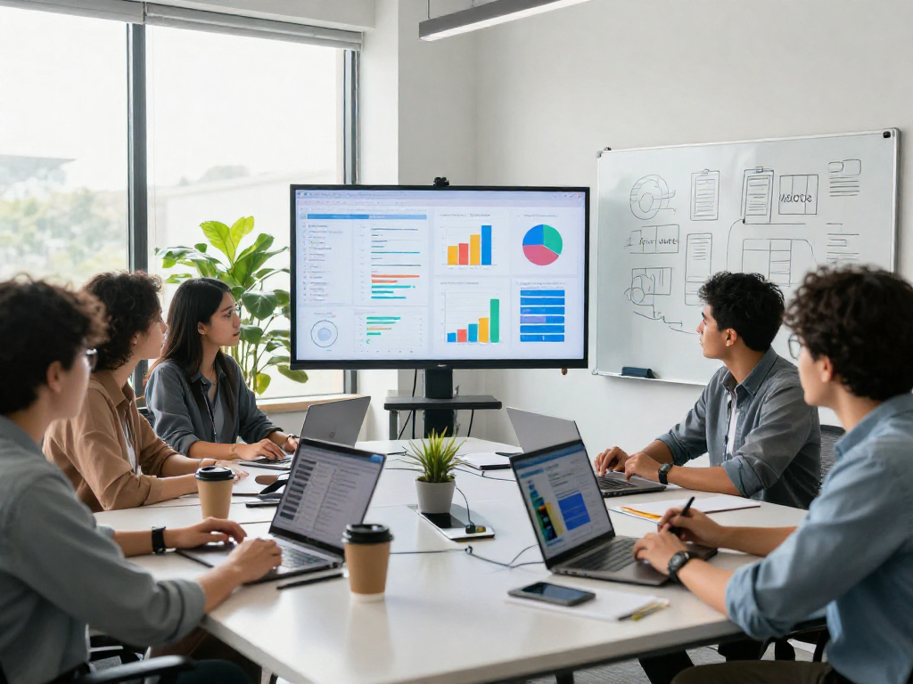 Buy app install strategy meeting with marketers analyzing app performance metrics in a modern office.