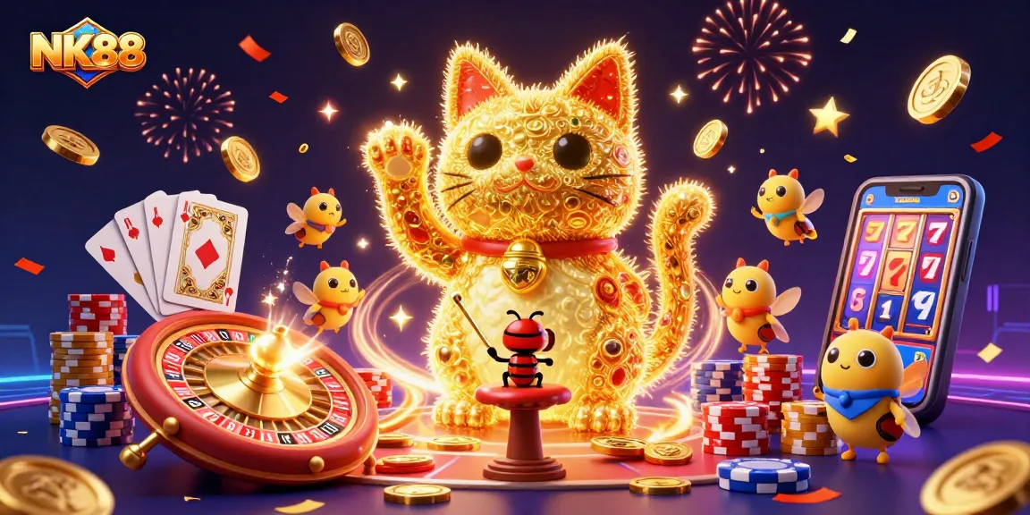 Experience the thrill of NK88 with a dynamic scene of casino elements, golden fireflies, and lucky cat symbols.