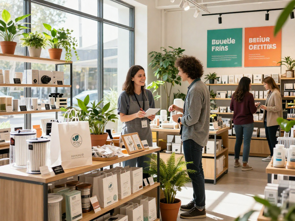 Explore eco-friendly products at https://www.ebbfilter.com/shop in a vibrant retail setting.