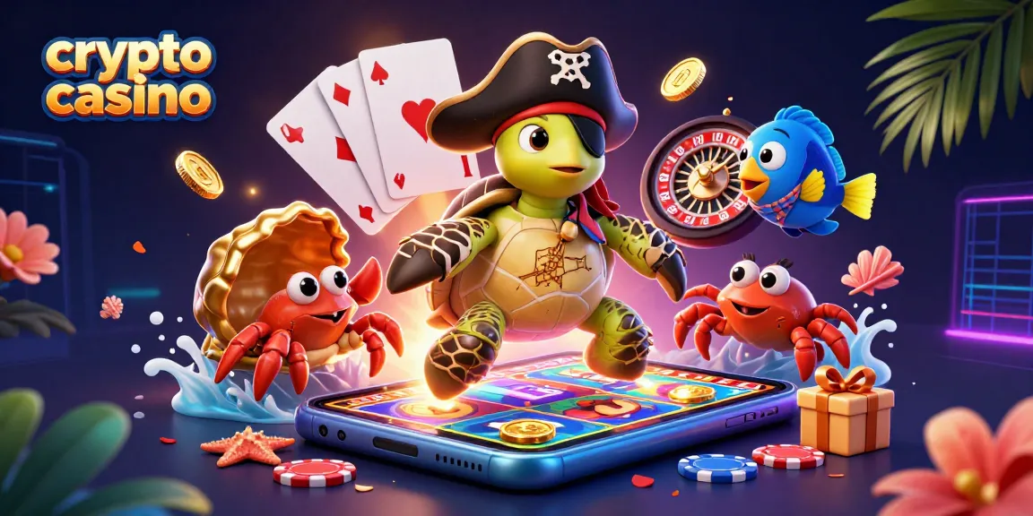 Casino crypto : découvrez une illustration animée avec une tortue pirate entourée d'éléments de jeu dynamique.