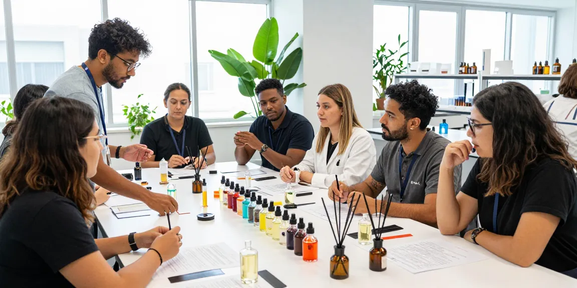 Fragrance Beads Manufacturer team collaborating in vibrant lab, designing innovative scents and solutions.
