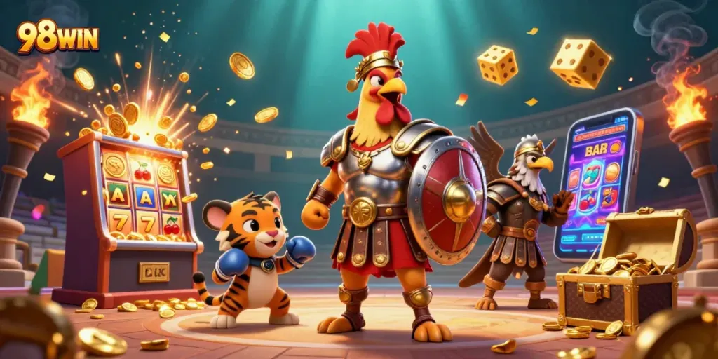 Experience thrilling wins at 98WIN with slot machines bursting with coins and vibrant gameplay.