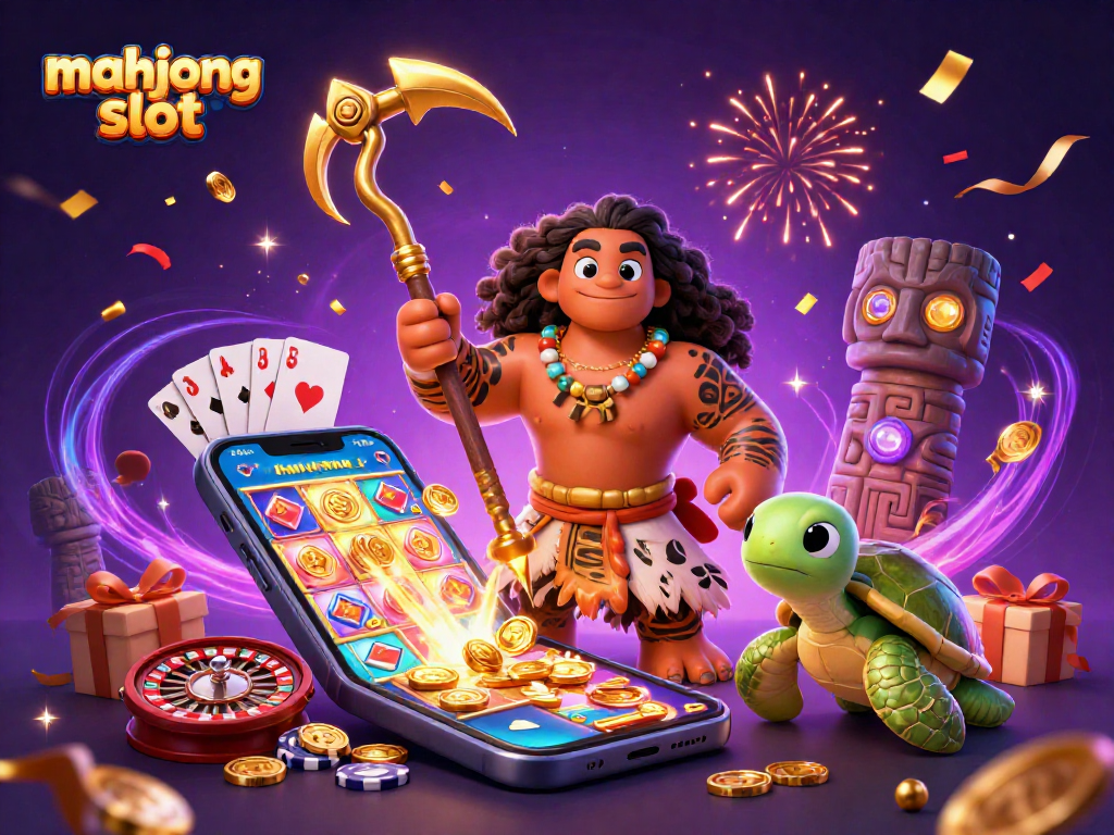Experience the thrilling mahjong slot action in this vibrant 3D illustration featuring dynamic characters and exciting casino elements.