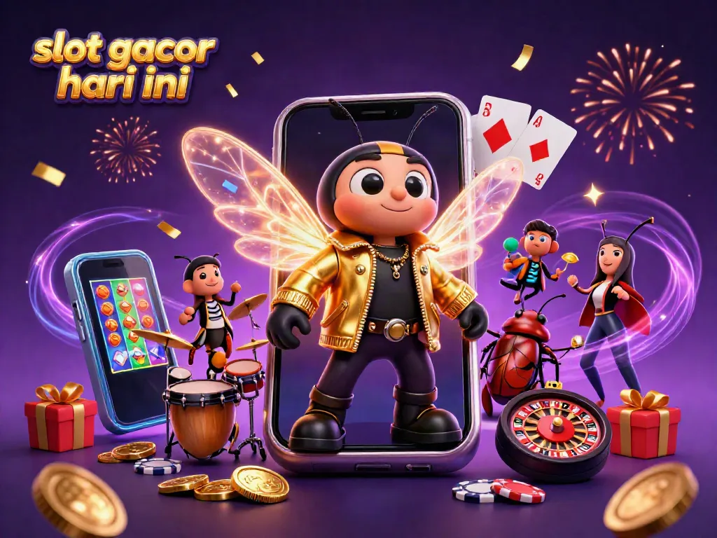 Menyaksikan slot gacor hari ini dengan cicada rock star, drummer beetle, dan latar meriah di kasino.