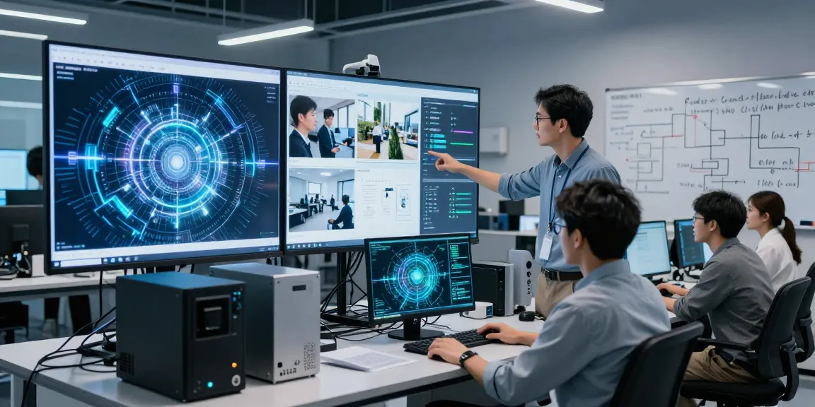 Data scientists engaging in AI-Generated Image Detection analysis within a modern tech lab environment.
