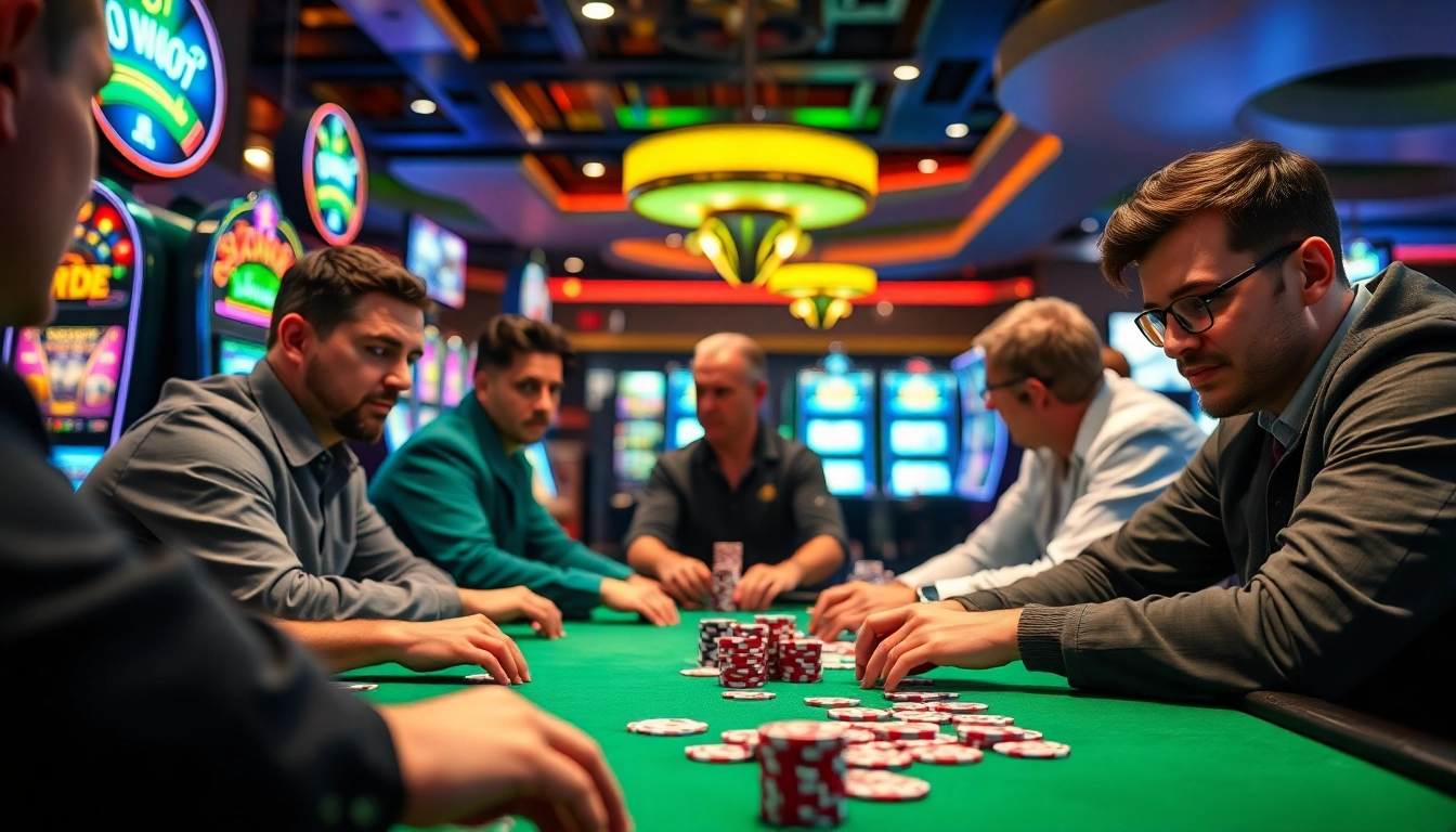 Permainan poker di loketcuan dengan pemain berfokus dan suasana yang meriah.