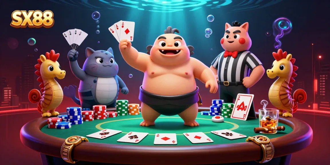 SX88 players engaging in exciting underwater poker, showcasing vibrant characters and casino elements.
