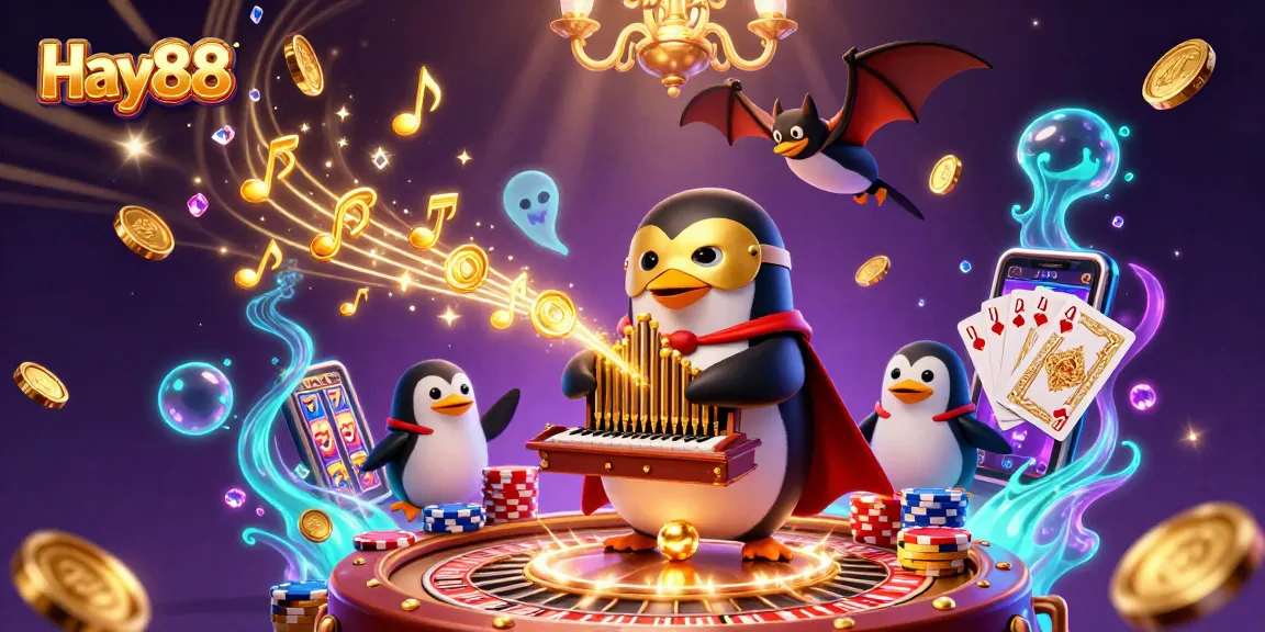 Experience Hay88's thrilling casino atmosphere with a lively scene of cartoon characters and golden treasures.