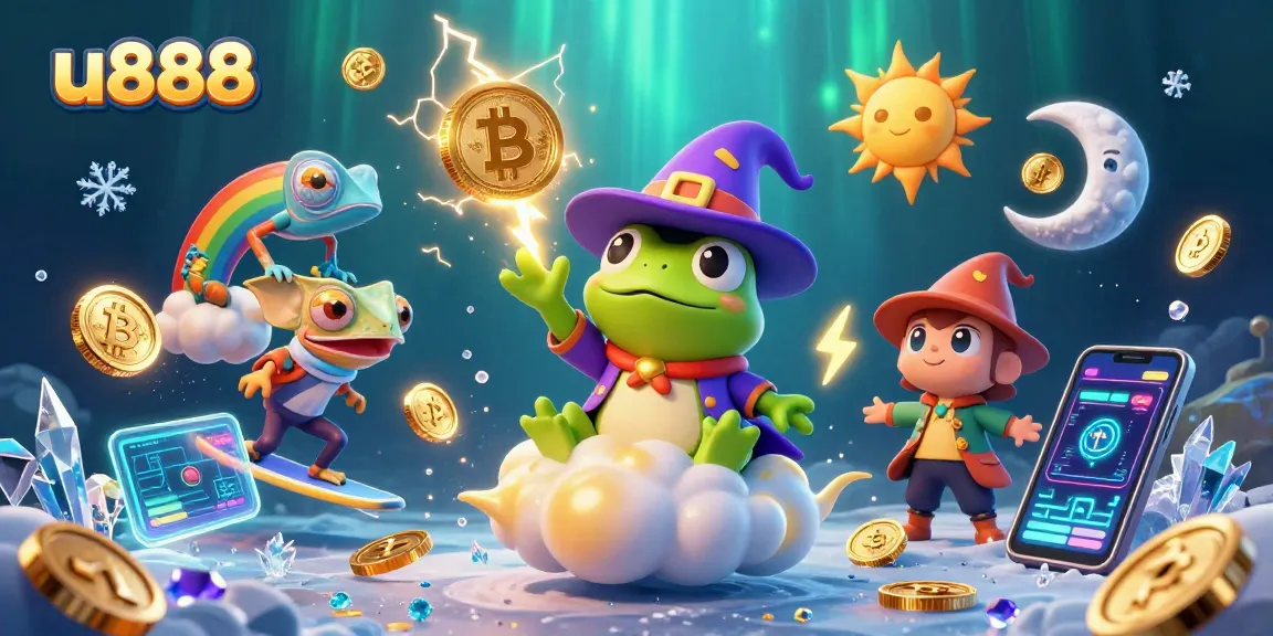 Experience thrilling gameplay with u888 as a frog wizard conjures golden coins in a vibrant casino scene.