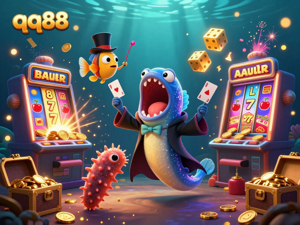 Engage with qq88 through a vibrant casino scene featuring lively characters, magical card acts and exciting game elements.