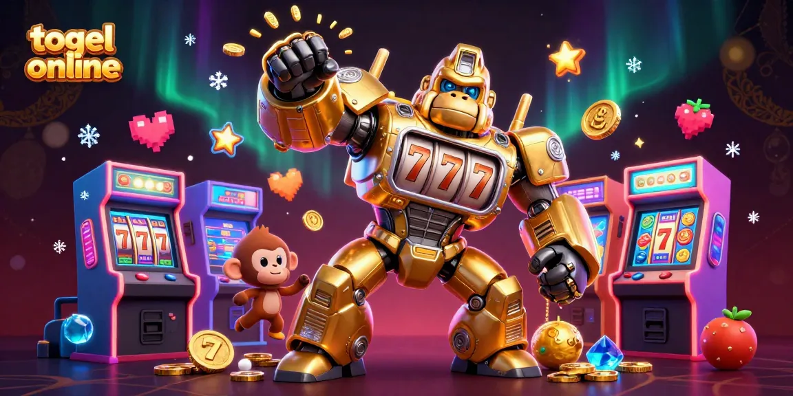 Experience thrilling gaming action with togel online featuring a golden gorilla mech and vibrant casino elements.