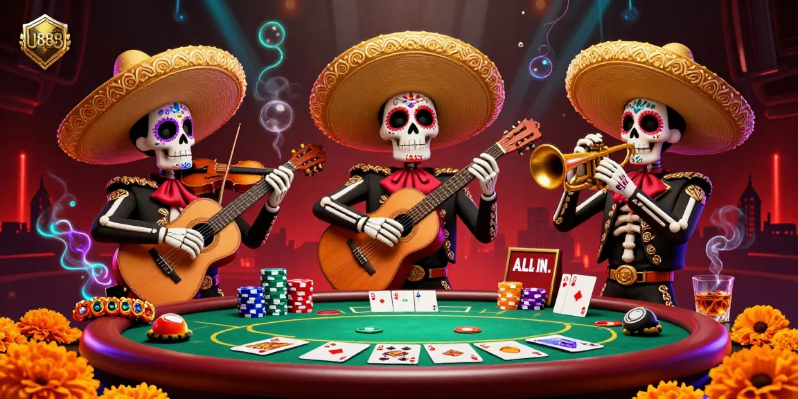 Experience vibrant gaming excitement with U888's lively mariachi scene and poker elements.