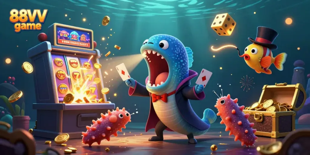 Experience the thrilling 88VV game with dazzling underwater characters in a vibrant casino scene.