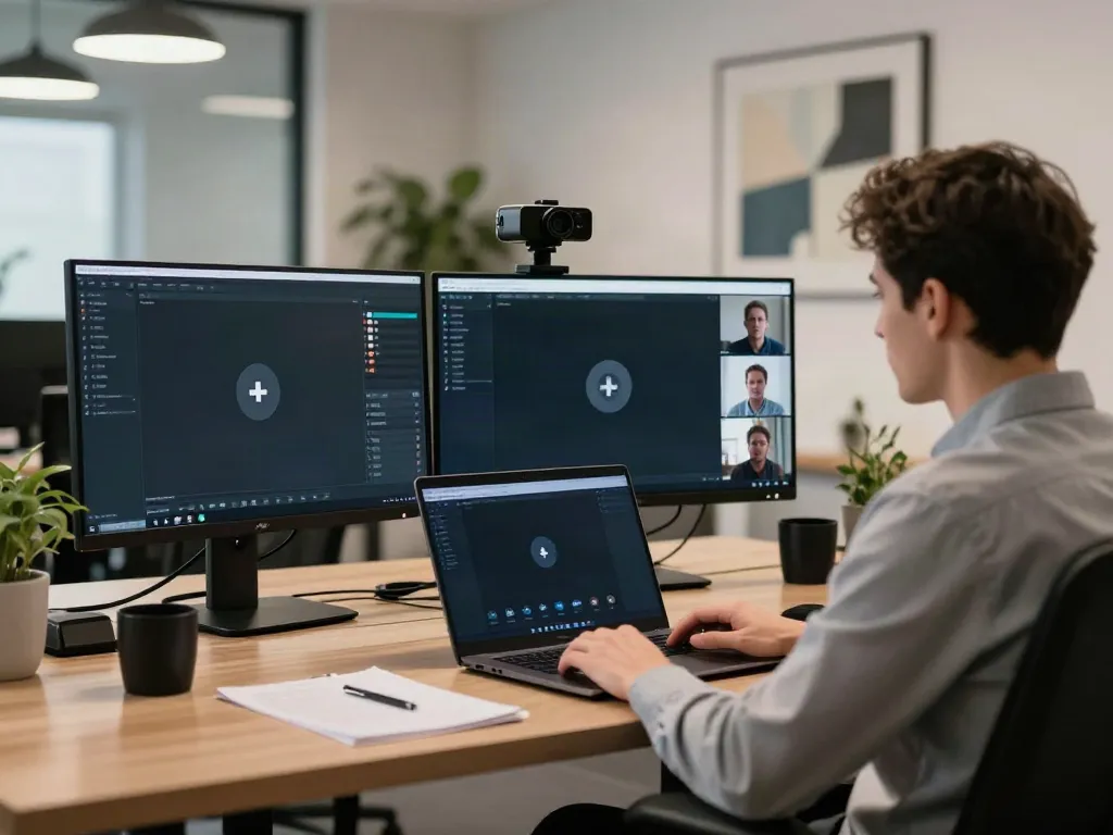 Deepfake protected Conferencing setup with secure video meeting interface and modern office elements.