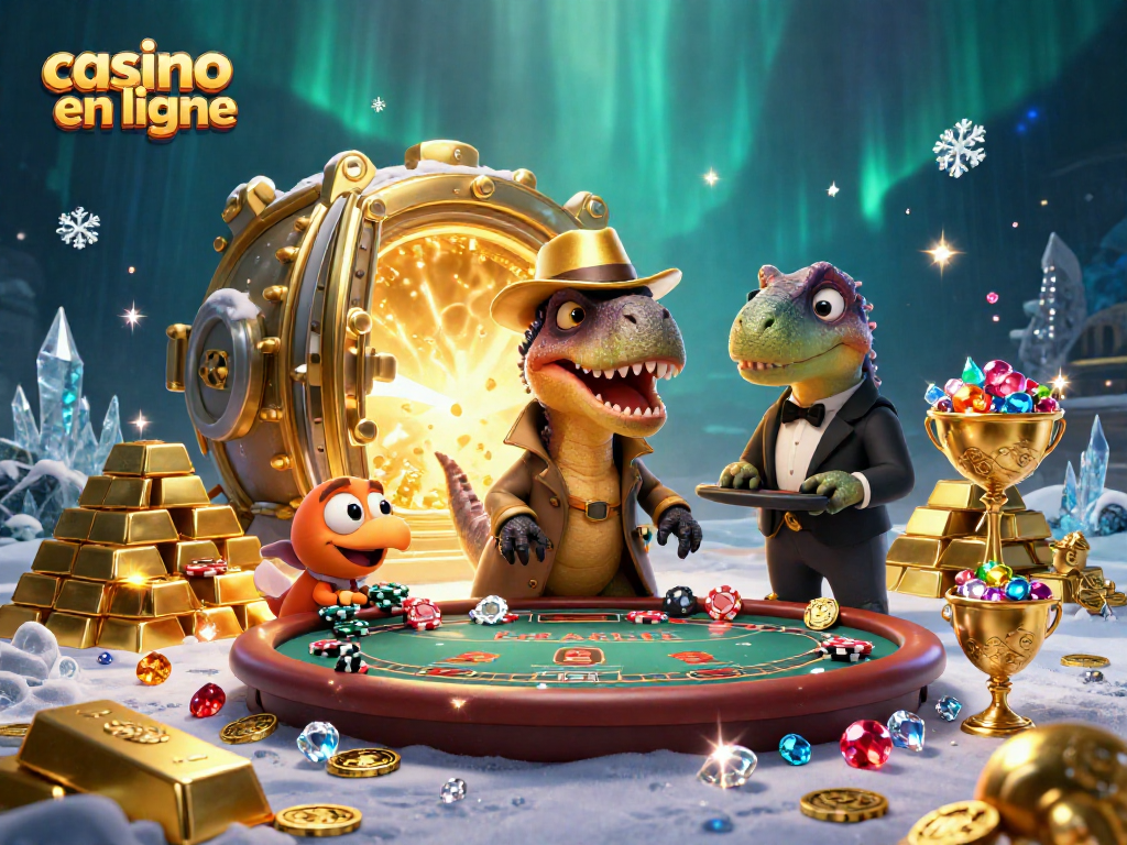 Jouer au casino en ligne avec un velociraptor et un pit boss, plongeant dans l'univers des jeux et des trésors.