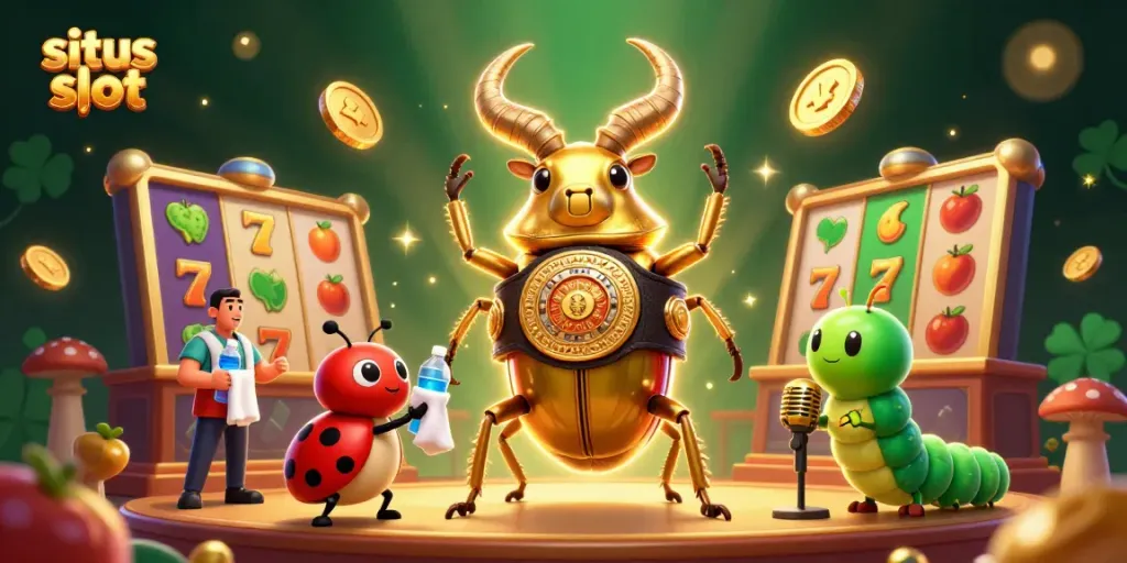 Gambarkan situs slot dengan karakter kartun unik dan elemen kasino yang menarik.