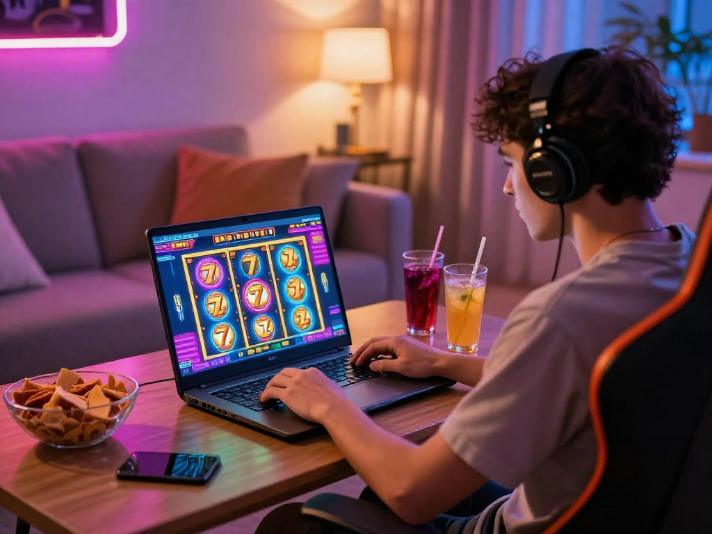 Gamer bersemangat memainkan slot777 di laptop, dikelilingi cahaya neon yang ceria.