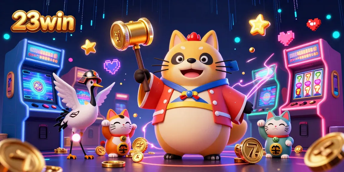 Experience the magic of 23win with a cheerful tanuki and vibrant casino elements in this engaging illustration.