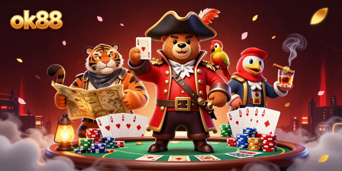 Engage with ok88's thrilling poker action featuring detailed pirate characters at a vibrant table.