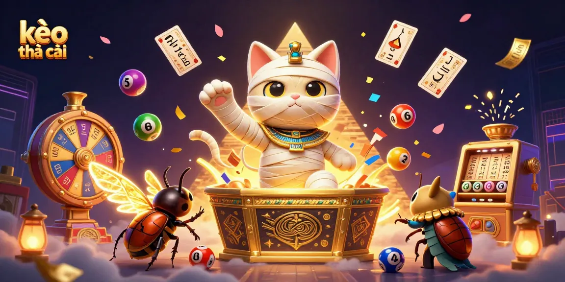 Bet on kèo nhà cái with a vibrant scene of a mummy cat and scarab beetle in a casino