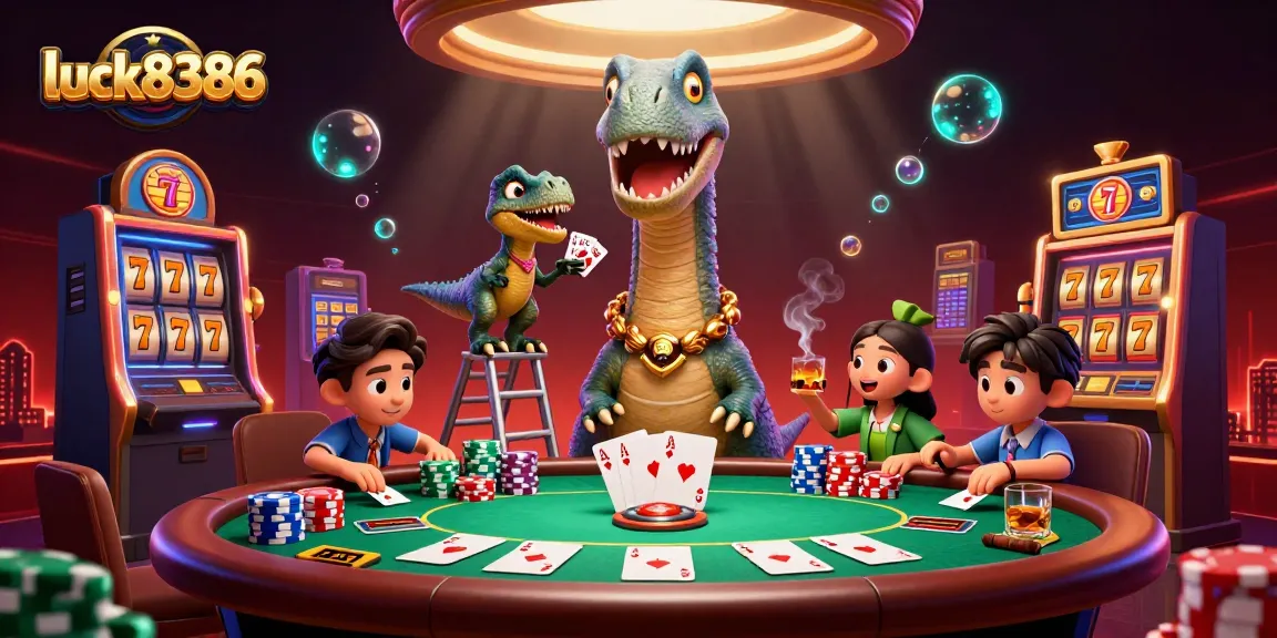 Experience thrilling gameplay at luck8386 with a unique illustration showcasing a brontosaurus and poker table.