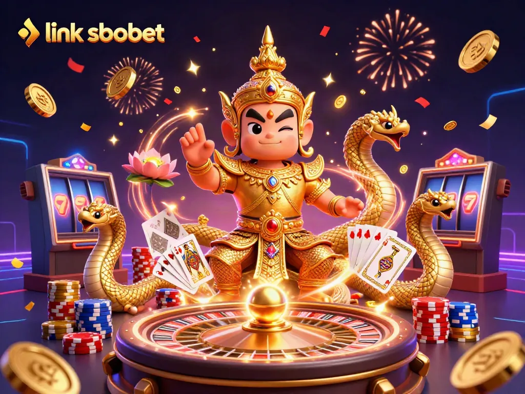 Place bets using link sbobet as golden opportunities scatter around in a vibrant casino atmosphere.
