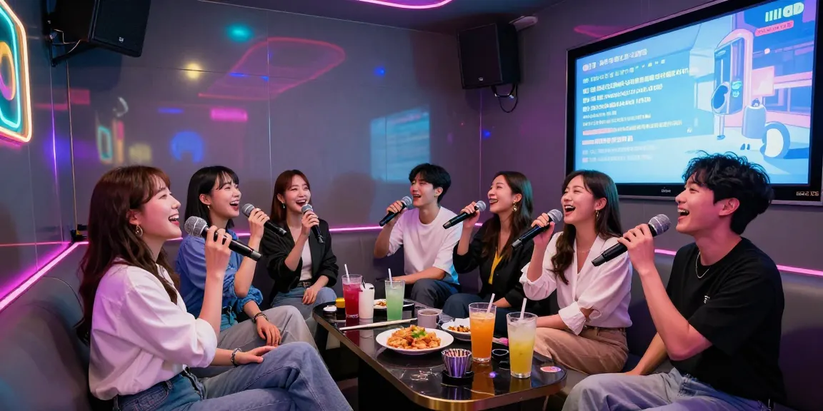 인천쓰리노에서 즐거운 분위기 속에서 노래를 부르는 친구들, 생동감 넘치는 조명과 음료가 놓인 테이블이 함께하는 장면