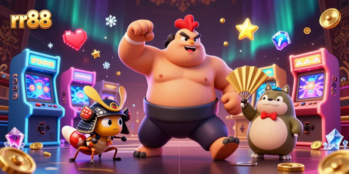 Win big at rr88 with a captivating 3D casino scene featuring unique characters and vibrant game elements.