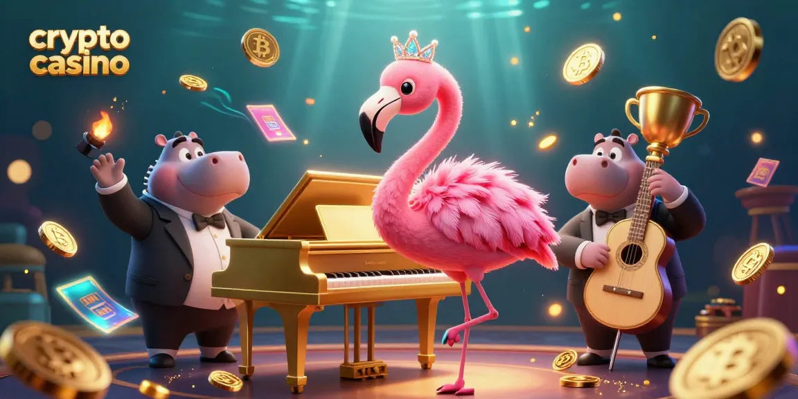Scopri il mondo del crypto casino con simboli come Bitcoin ed Ethereum in un'illustrazione vivace e dinamica.