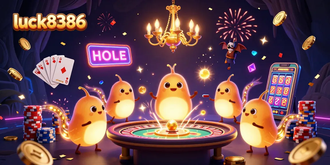 Experience excitement with luck8386 in a vivid casino scene with glowing characters and game elements.