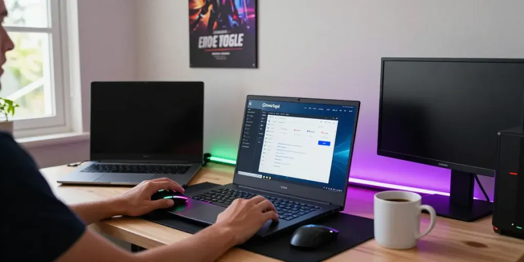 Login Dewatogel on a stylish laptop in a vibrant gaming setup with RGB lighting.