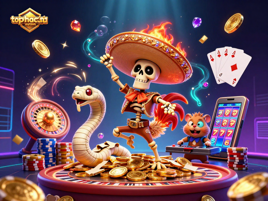 Join the fun at topnhacaiuytinn playing with golden coins and festive characters in an exciting casino scene.