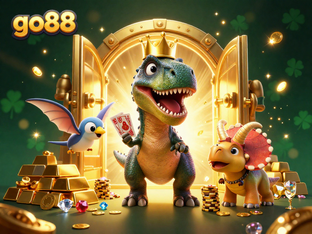 Join go88's exciting casino adventure with characters and giant treasures in this vibrant illustration.