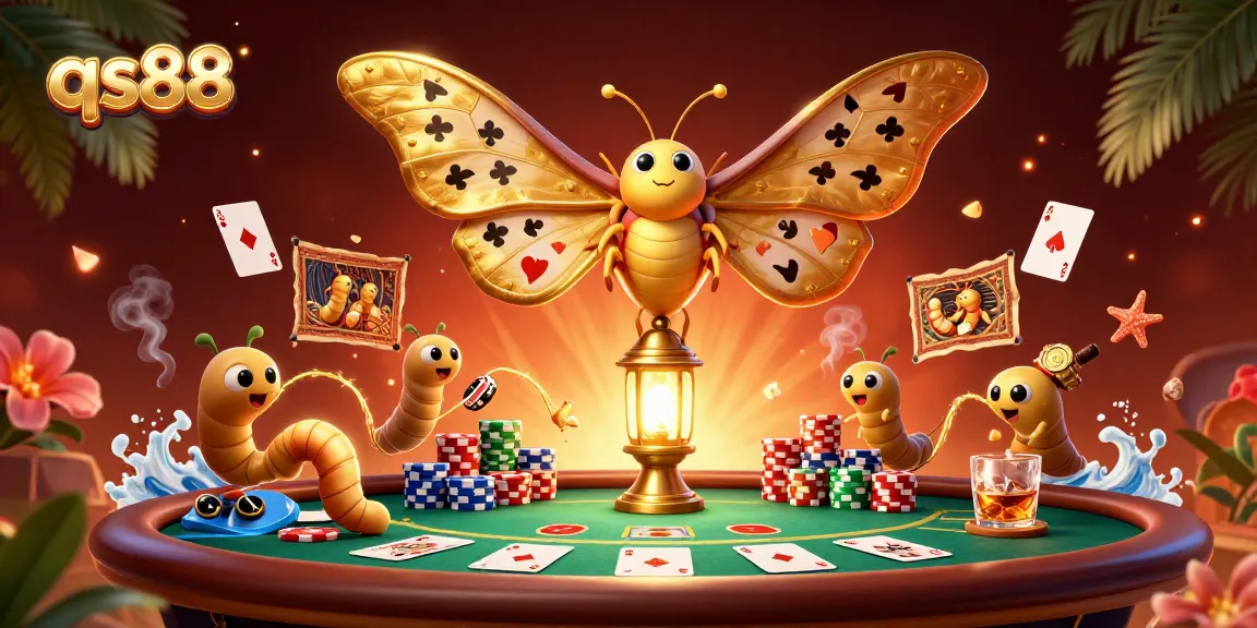 Engage with qs88 gaming scenes featuring a dazzling moth, poker elements, and rich visuals.