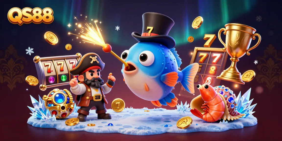 Experience QS88 excitement with a cartoon anglerfish attracting golden coins and jackpot dreams.