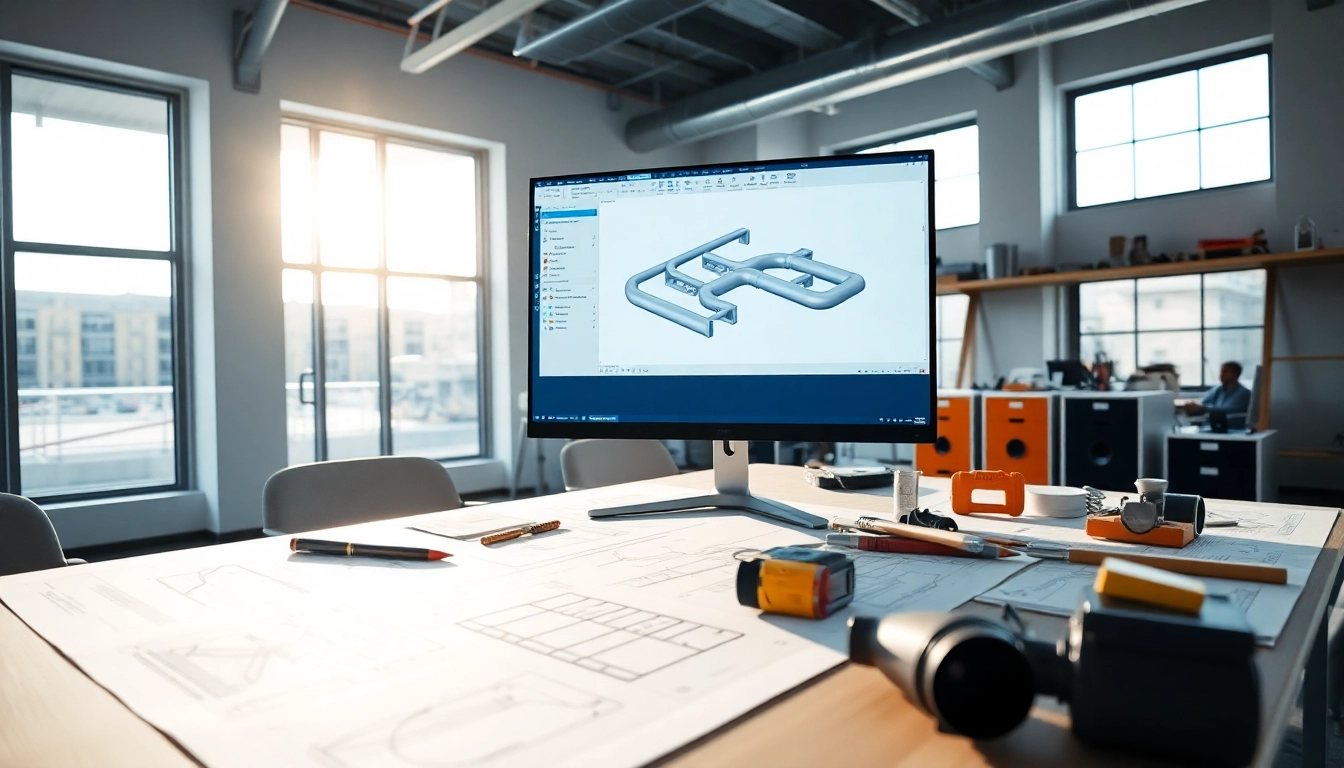 Designing an HVAC system duct design in an advanced engineering workspace with blueprints and CAD software.