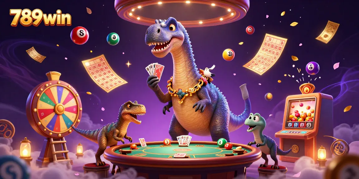 Join the excitement at 789win with a dynamic illustration of magical gaming elements and dinosaurs