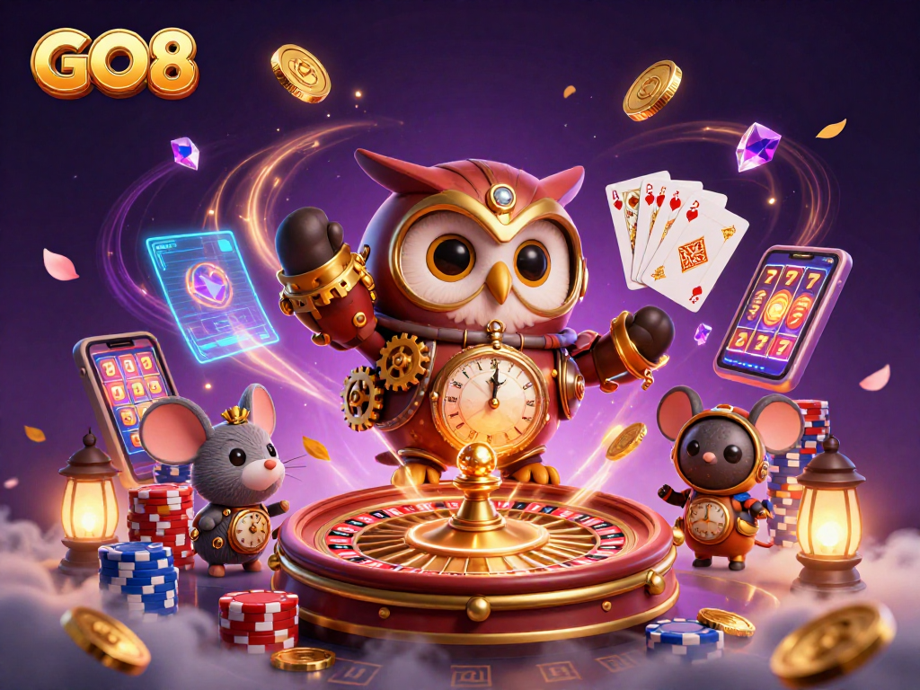 Experience thrilling gaming action at GO8 with a 3D vibrant illustration of an owl and mouse in a futuristic casino scene.